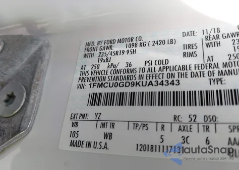 2019 Ford Escape Se from USA, damaged, VIN 1FMCU0GD9KUA34343